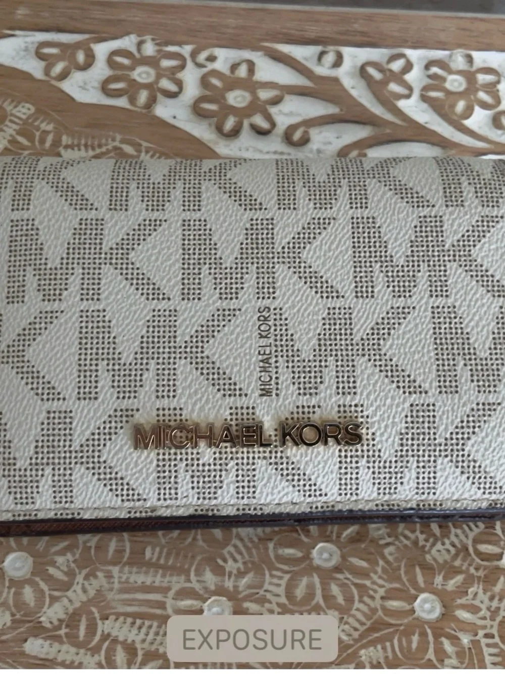 Michael Kors White Logo Crossbody with Brown Trim and Gold Hardware
